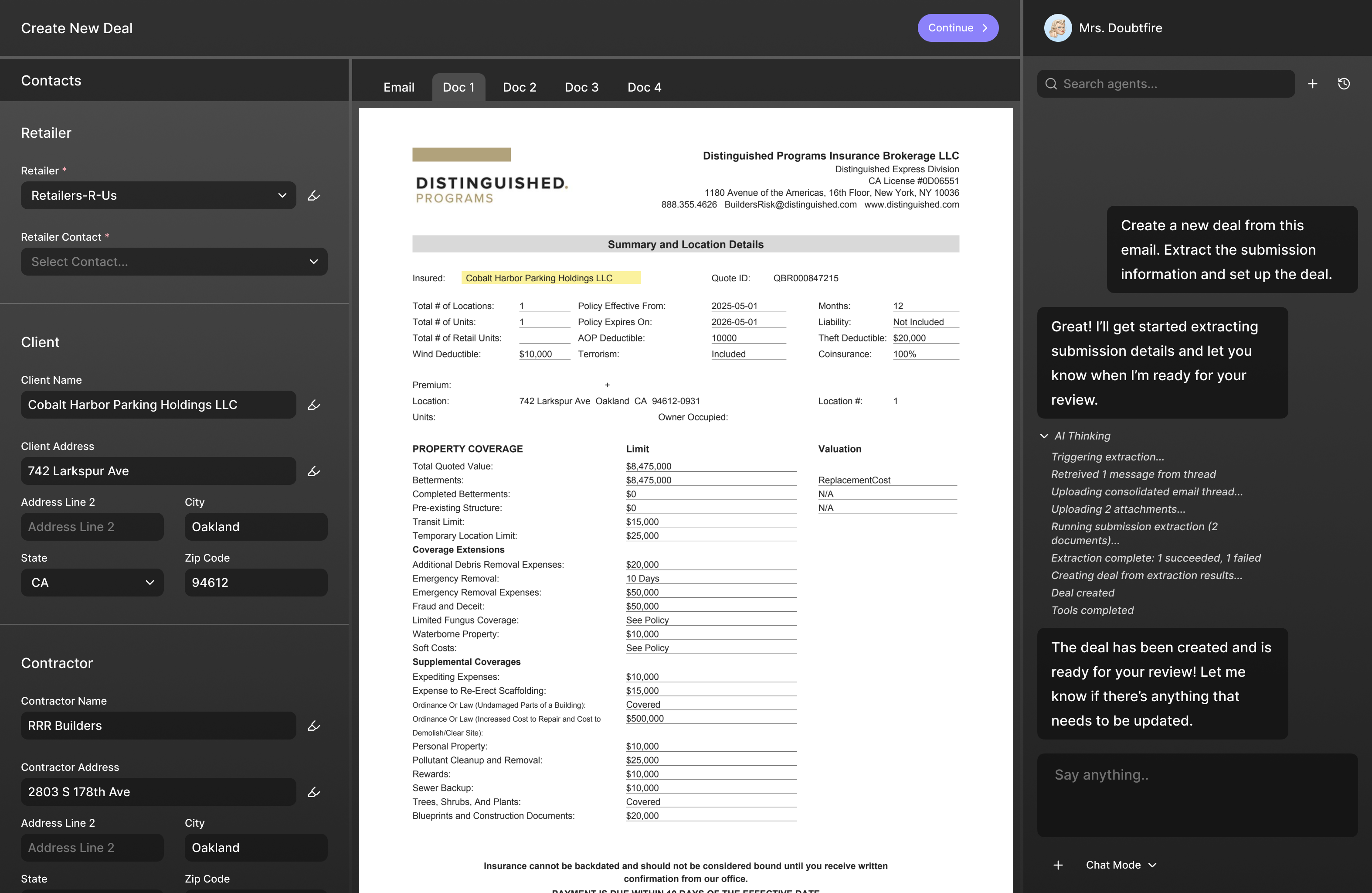 The workspace showing the agent’s extracted data alongside the highlighted source document.