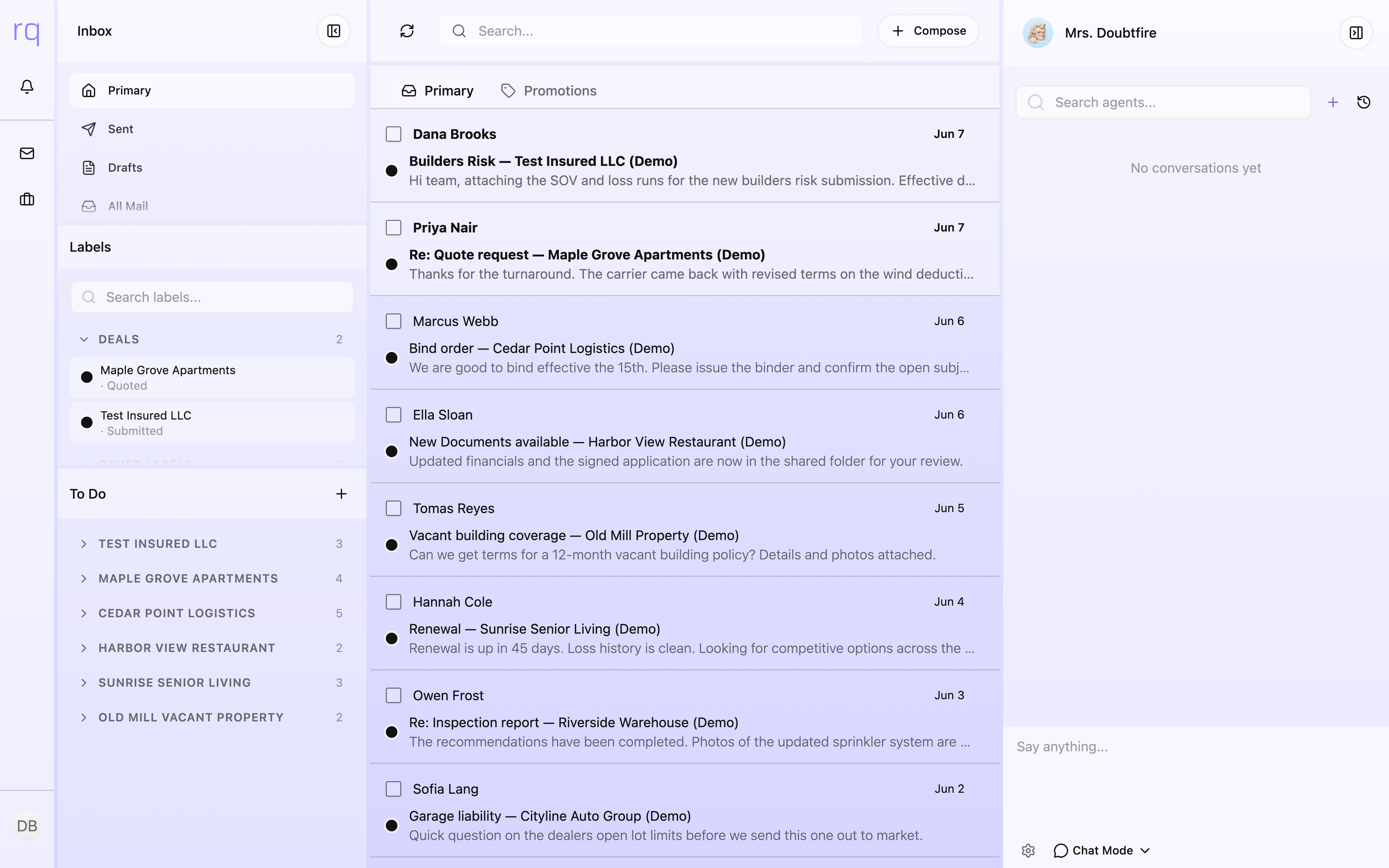 arqu inbox with deal context and AI assistant.