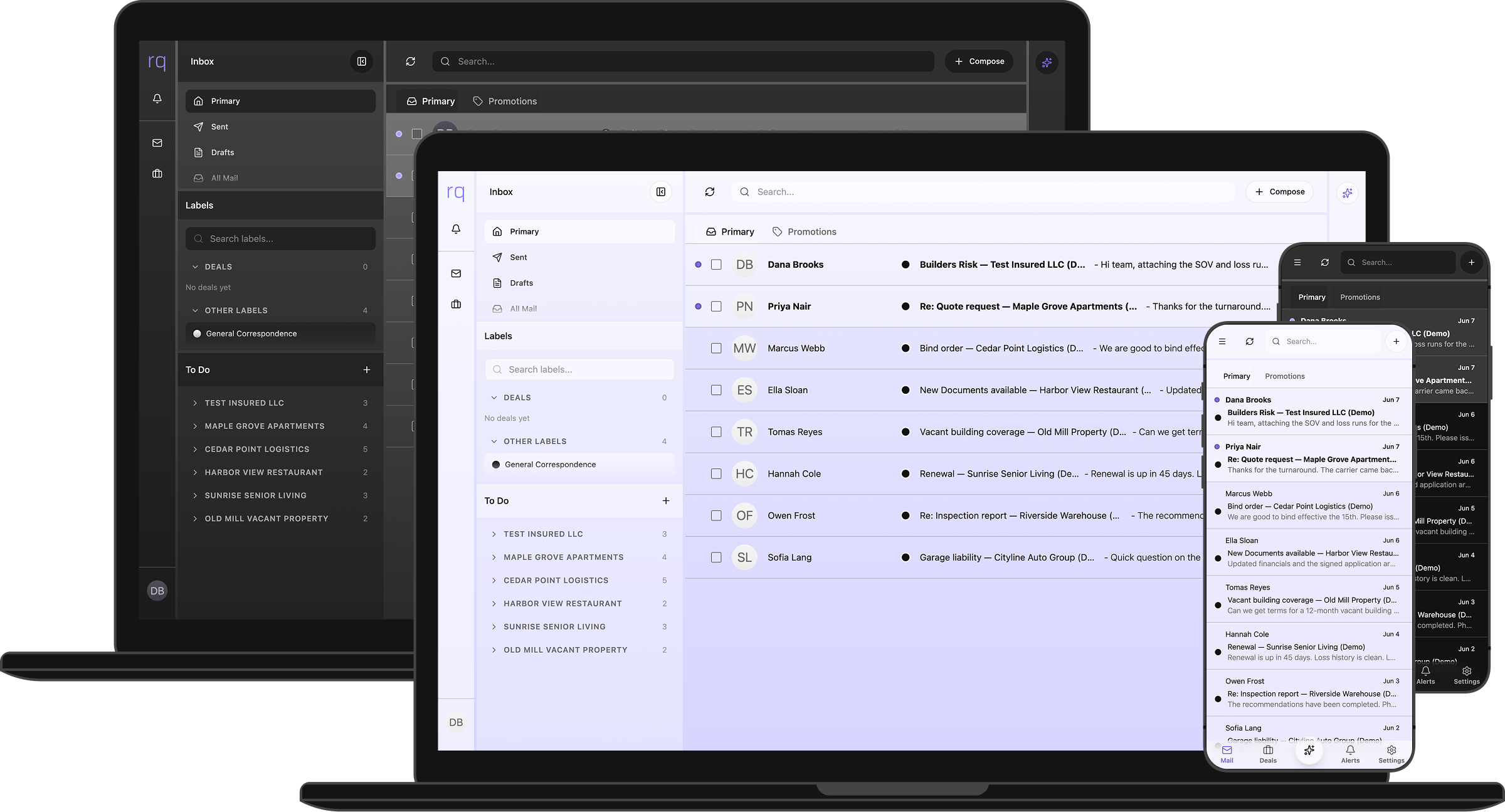The Doubtfire workspace — inbox, deal context, and AI assistant in one place.